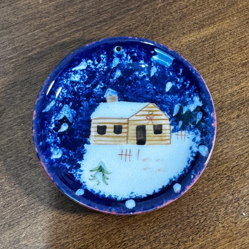 Cabin In The Snow Small Plate Ornament 3" Philippines Blue